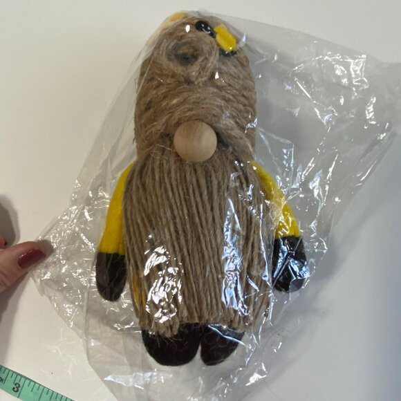 Humble Bee Gnome With Bee Skep Hat Wood Nose & Jute Beard - 4.5" x 3.5" x 7" - Picture 1 of 5